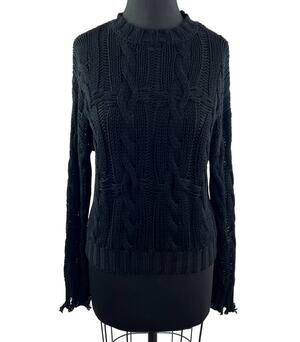SABLYN Black Crewneck Long Sleeve Cable Knit 100% Cashmere Pullover Sweater Sz M
